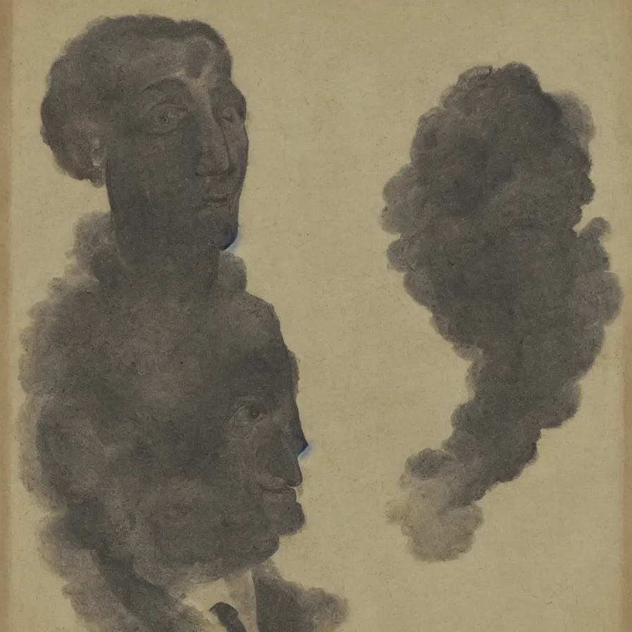 Image similar to Full figure portrait of a man whose head is a dark thundering cloud.