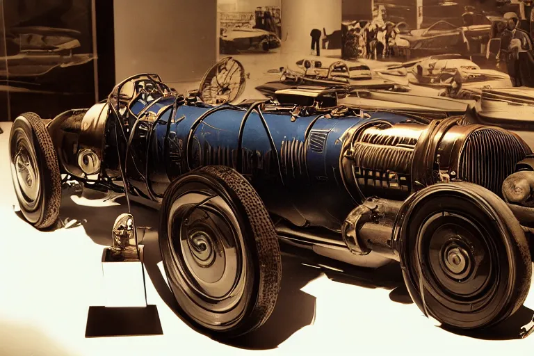 Image similar to cyberpunk 1 9 2 6 bugatti type 3 5, volumetric lighting, in a museum, museum exhibit, museum lighting, 9 0 s film photo