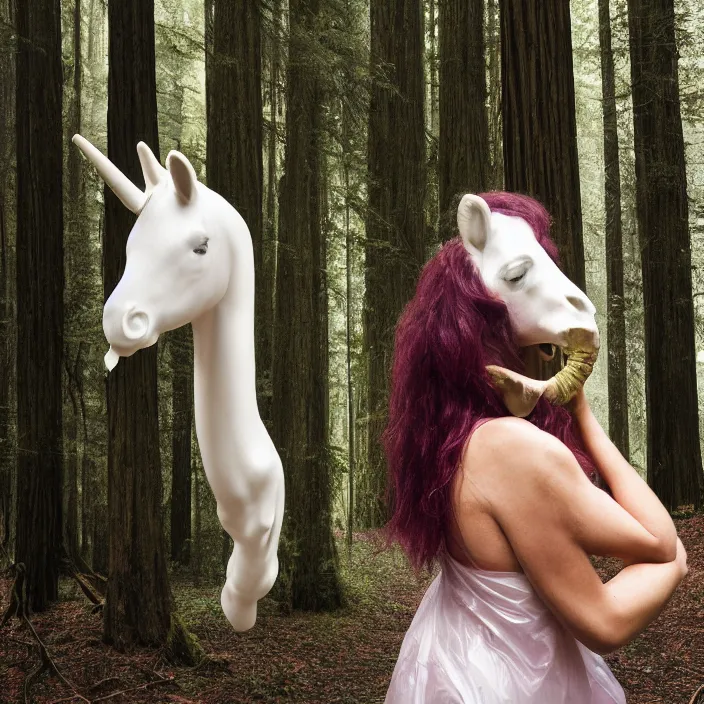 Image similar to a color photograph, closeup portrait of a woman wrapped in plastic, holding a unicorn skull, in a foggy redwood forest, color photograph, by vincent desiderio, canon eos c 3 0 0, ƒ 1. 8, 3 5 mm, 8 k, medium - format print