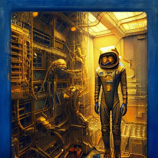 Prompt: cyberpunk astronaut, atmospheric lighting, painted, intricate, golden and blue hour, ultra detailed by peter gric, giger, enki bilal