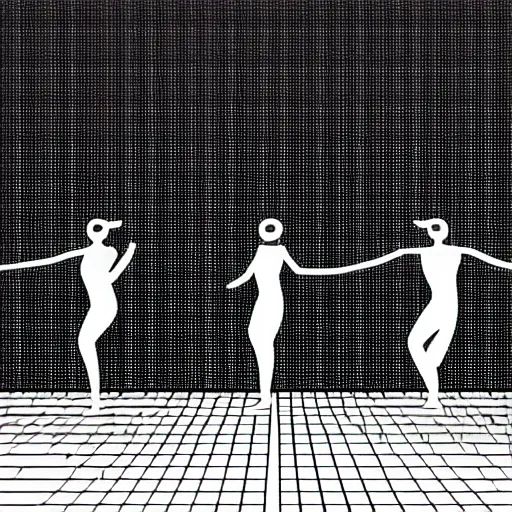 Image similar to visual instructions for a dance routine, black and white, ikea style, movement visible with dotted lines