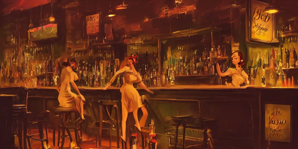 Prompt: a biped female rat is working at the bar of a 4 0 s jazz club, warm color palette, night time, dramatic lighting, noir film, character sheet, fine details, high contrast, blacksad, kim jung gi, greg rutkowski, trending on artstation, 8 k, front view, back view, ultra wide angle