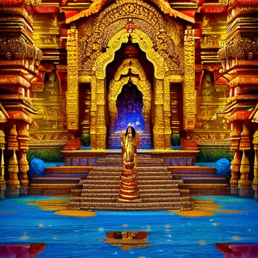 Prompt: a big indian temple made of glowing gold, cosmic vibrant, photorealistic, matte painting, 8 k,