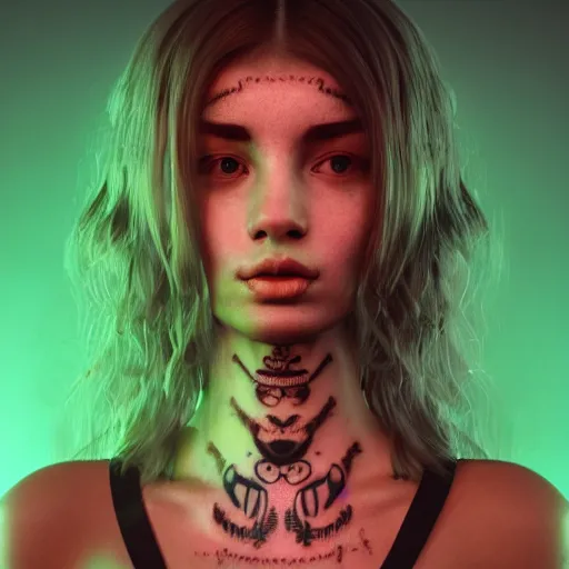 Prompt: Calm AI girl's face with a tattoo of savages and with caret in very strong glitches, scanlines effects, RGB shift effects, jitter effects. Black background, concept art, octane render, 8k, portrait