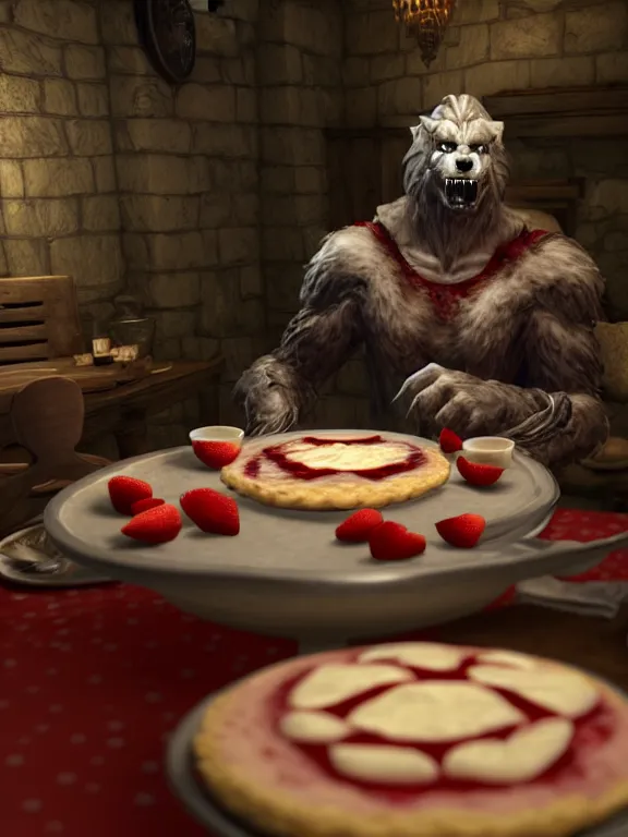 Image similar to cute handsome cuddly burly surly relaxed calm timid werewolf from van helsing sitting down at the breakfast table in the kitchen of a normal country home cooking having fun lighthearted whimsy baking strawberry tart cakes unreal engine hyperreallistic render 8k character concept art masterpiece screenshot from the video game the Elder Scrolls V: Skyrim