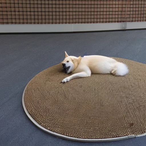 Prompt: a Jindo dog laying curled up sleeping on a round rug peering at you from one open eye, as drawn by Simon stalenhag