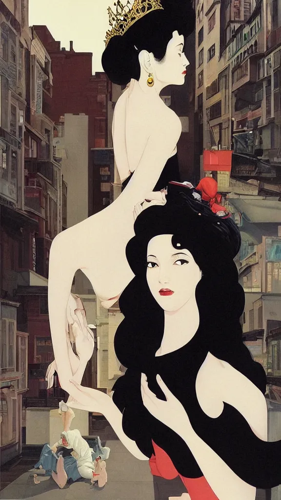 Image similar to a tall and beautiful pale woman with very black hair with a crown on her head walk in the streets of new york circa 1 9 8 4 edward hopper and james gilleard, surreal, open ceiling, highly detailed, airbrush, ilya kuvshinov, wlop, stanley artgerm, very coherent, art by takato yamamoto and james jean