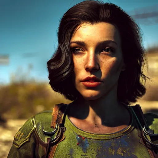 Prompt: fallout 5, charismatic beautiful rugged brunette female protagonist, portrait, outdoors in front of the entrance of vault 1 5 6, atmospheric lighting, painted, intricate, volumetric lighting, beautiful, daytime, sunny weather, slight overcast, sharp focus, deep colours, ultra detailed, by leesha hannigan, ross tran, thierry doizon, kai carpenter, ignacio fernandez rios
