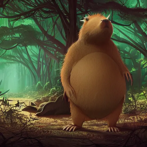 Prompt: capybara monster creature in a dark forest, zombie capybara, trending on artstation, by dan mumford, octane render, anime style