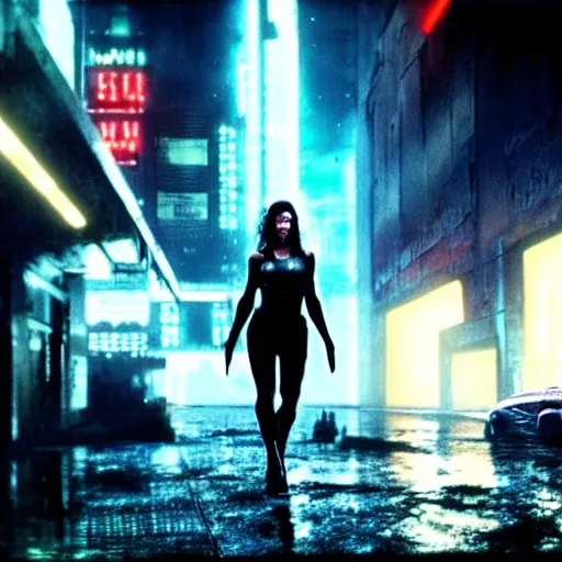 Image similar to jennifer connelly starring in a cyberpunk movie in a distopic futuristic city in the style of bladerunner, wearing a cropped black tank top, black boy shorts and black boots, firing a gun, muzzle flash, movie still, highly detailed, rainy night, volumetric lights, dramatic, scifi, sharp focus