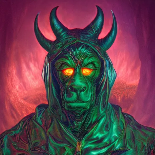 Image similar to photorealistic scooby doo as a demon in the style of michael whelan and gustave dore. hyperdetailed photorealism, 1 0 8 megapixels, amazing depth, glowing rich colors, powerful imagery, psychedelic overtones, 3 d finalrender, 3 d shading, cinematic lighting, artstation concept art