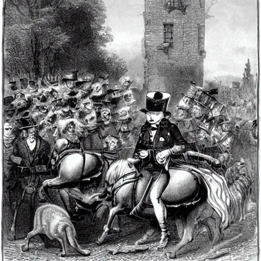 Image similar to a cat wearing napoleon's hat with a crowd of cats wearing helmets behind him. they're on a road.