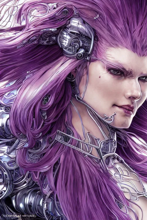 Image similar to extreme close up facial portrait, pale woman with flowing purple hair in sci - fi armor, bionic armor, stoic, powerful, by artgerm and yoshitaka amano and moebius and alphonse mucha, hyperdetailed, dc comics, ornate, nebula, detailed, yoji shinkawa, trending on artstation