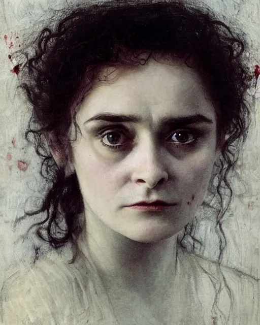 Prompt: a beautiful but sinister girl who looks like shirley henderson or possibly a young helena bonham carter in layers of fear, with haunted eyes and curly hair, 1 9 7 0 s, seventies, delicate embellishments, a little blood, crimson, painterly, offset printing technique, by jules bastien - lepage