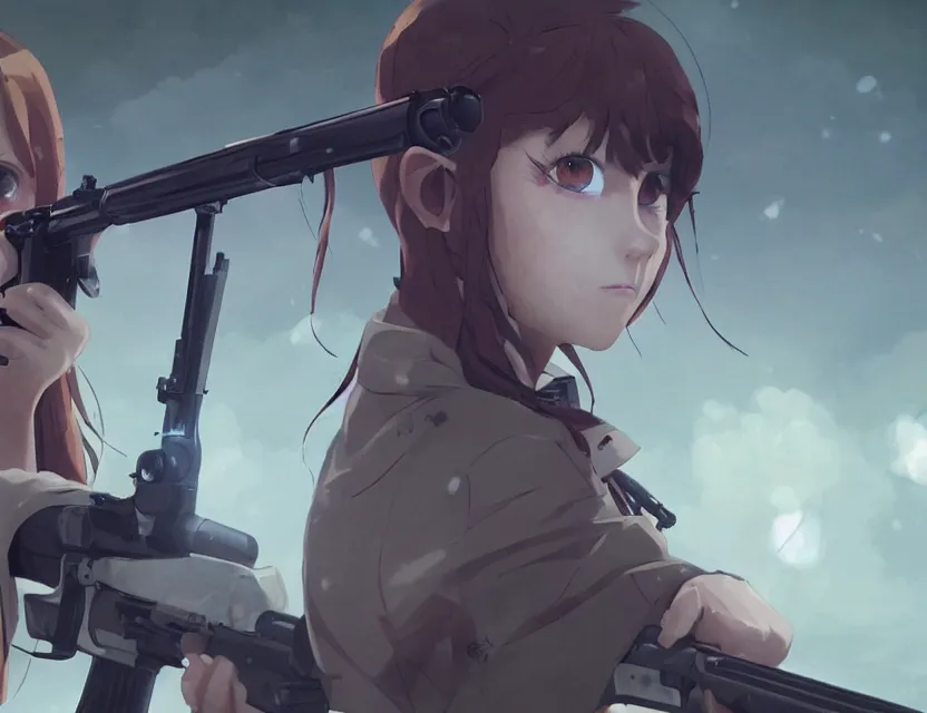 Prompt: a girl with a german rifle shooting nazi zombies, full shot, atmospheric lighting, detailed face, by makoto shinkai, stanley artgerm lau, wlop, rossdraws