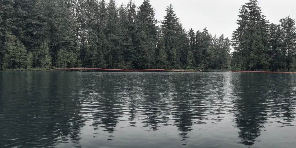 Image similar to symmetrical photograph of a very long rope on the surface of the water, the rope is snaking from the foreground stretching out towards the center of the lake, a dark lake on a cloudy day, trees in the background, anamorphic lens