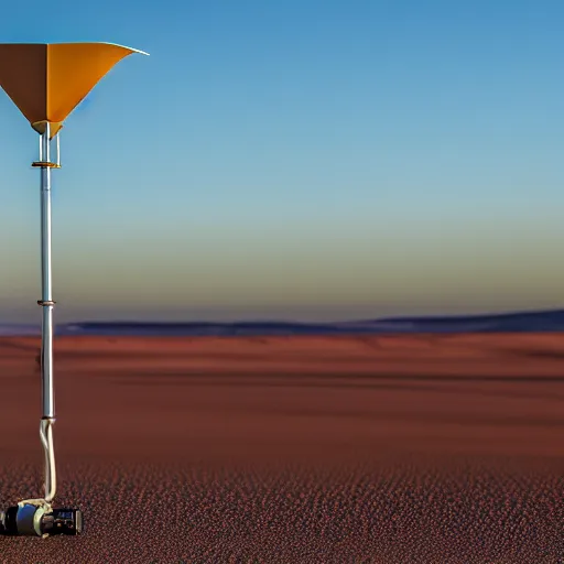 Image similar to cone shaped peaceful mobile biomimetic rugged anemometer station sensor antenna on all terrain tank wheels, for monitoring the australian desert, XF IQ4, 150MP, 50mm, F1.4, ISO 200, 1/160s, dawn, golden ratio, rule of thirds