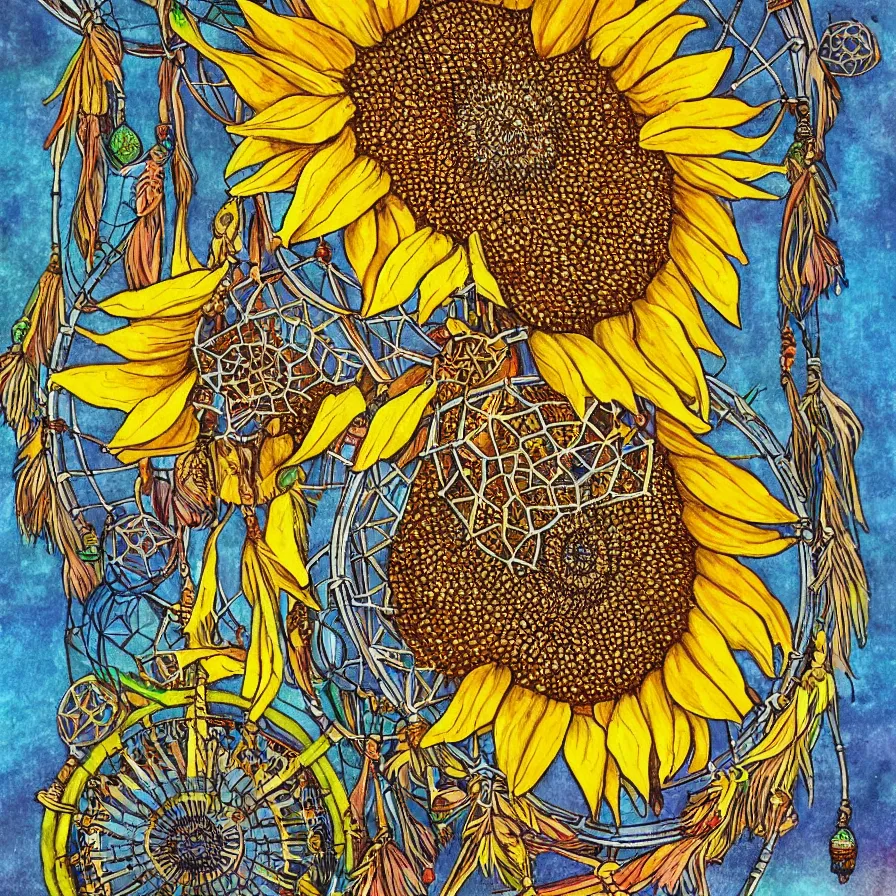 Image similar to Artwork about a magnificent sunflower within a tribal dreamcatcher that contains a huge treehouse