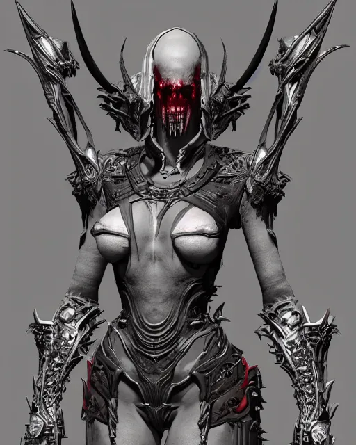 Prompt: a futuristic 3D render portrait of Lilith from Diablo 4 the queen of the dark wearing noldoric armor made of metal with massive horns on her head covered in intricate veins surrounded by an aura of blood, dynamic lighting, mech character concept art, high contrast, a sense of horror, hard surface metal, photorealistic metal, surface imperfection, unreal engine, octane render, dark fantasy concept art, Daytoner artstation, vitaly bulgarov, cgsociety