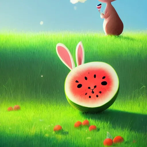 Prompt: a cute rabbit eating watermelon on the green meadow, a storybook illustration by goro fujita and atey ghailan