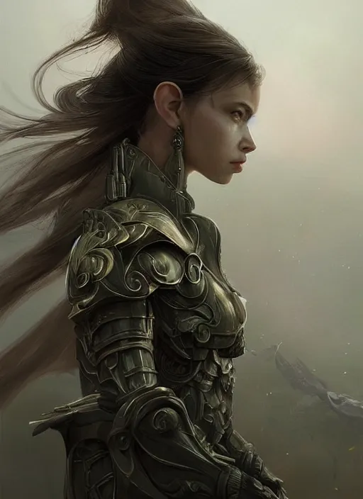 Image similar to a professional portrait of a beautiful young female, clothed in ethereal battle armor, olive skin, long dark hair, beautiful bone structure, symmetrical facial features, intricate, elegant, digital painting, concept art, smooth, sharp focus, finely detailed, illustration, from Valerian and the City of a Thousand Planets, in the style of Ruan Jia and Mandy Jurgens and Artgerm and Greg Rutkowski and William-Adolphe Bouguerea