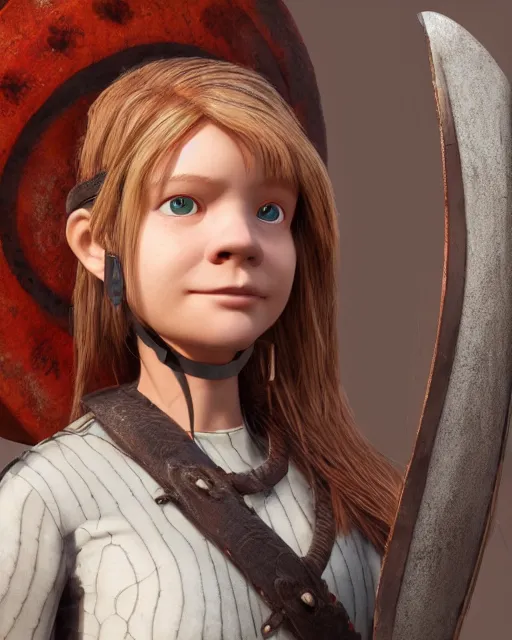 Image similar to a viking girl with a shield, pixar style, clean detail, symmetrical, octane render, studio lighting