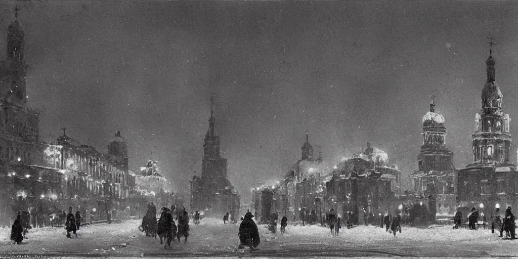 Image similar to Saint Petersburg in 1914 in winter, evening, guarded by a giant steam robot, Rozalski