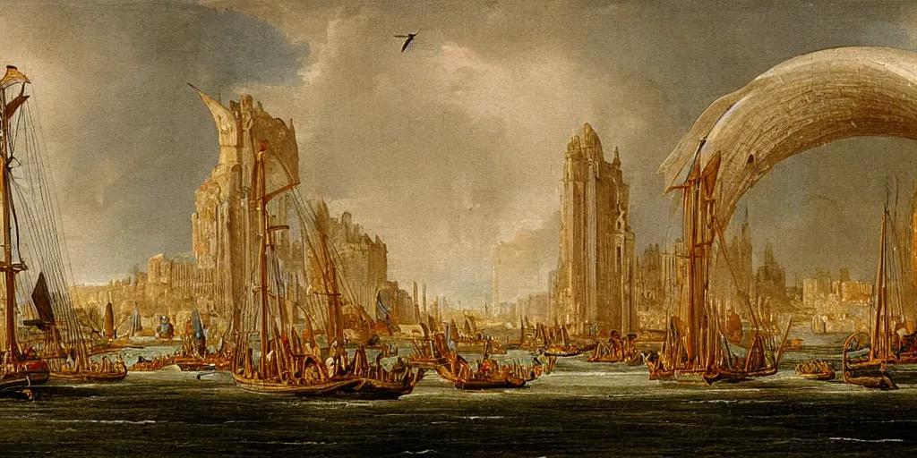 Prompt: illustration, concept illustration, a single giant ancient linear city on a single bridge, giant continent bridge city build over the ocean in a straight line, huge support buttresses, ships with sails go underneath the city, city fades to the horizon, 1632 oil painting by Claude de Jongh