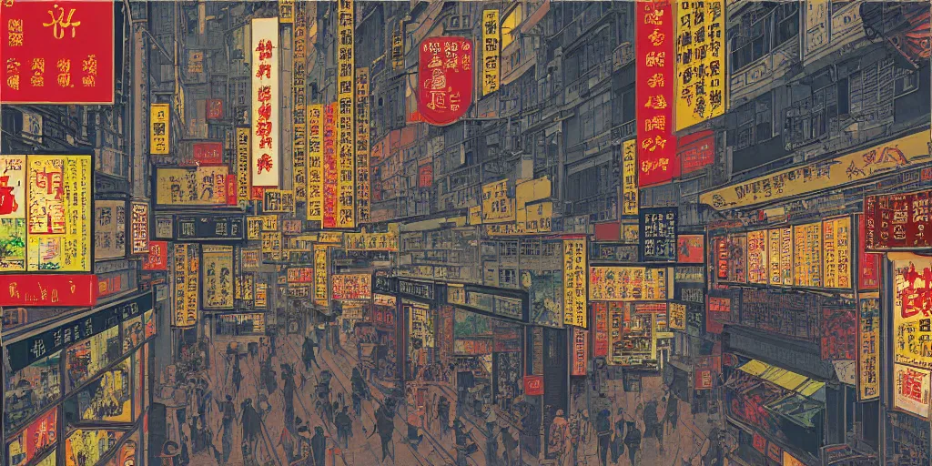 Image similar to a window view onto a street of shops in hong kong, by dan mumford and peter doig and edward hopper, minimal, black in, thick lines highly detailed, muted colours, overlaid with chinese adverts, 8 k