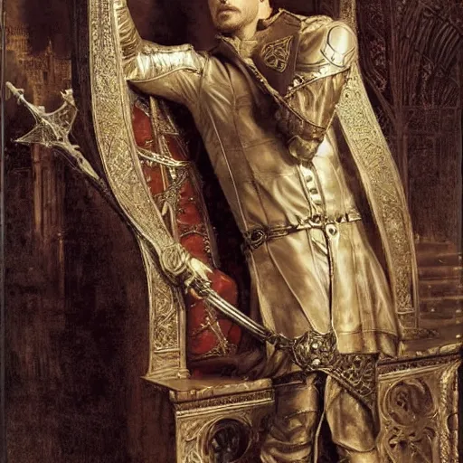 Prompt: attractive bradley james as king arthur pendragon, sat in his throne, big arches in the back, very detailed face, by gaston bussiere, j. c. leyendecker