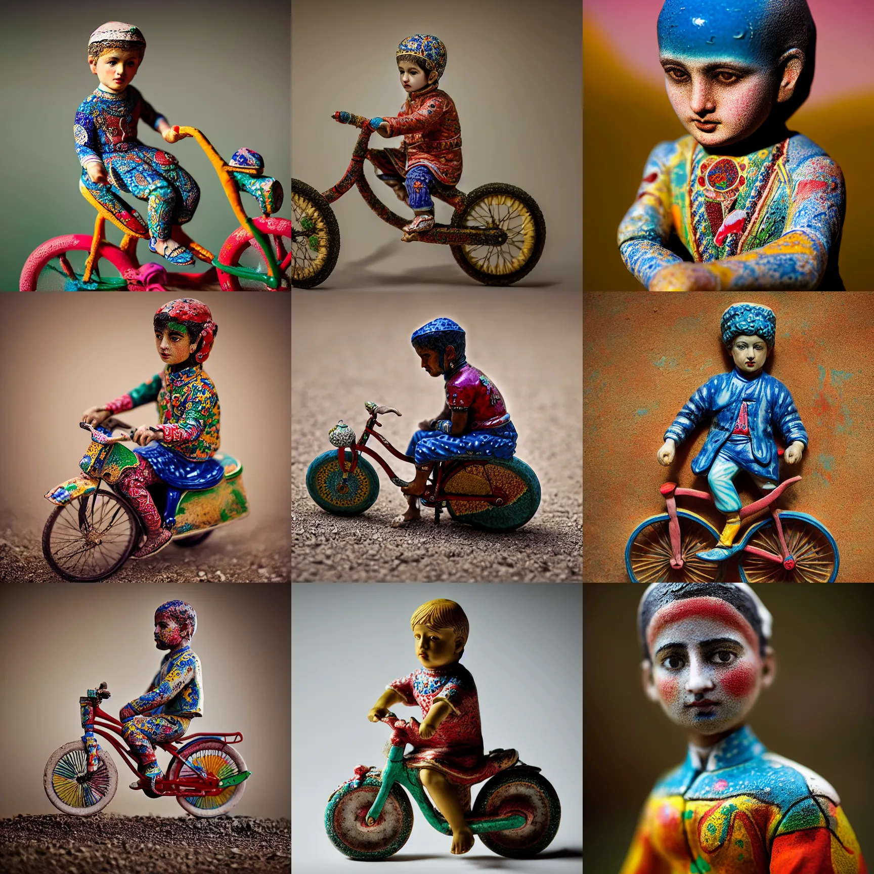 Prompt: portrait of a porcelain figurine of Iranian child on a bike, colourful, detailed, depth of field, intricate, delicate, by Jonas Jensen, Magnum photos