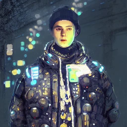 Image similar to detailed portrait of a skilled magic deepdream guardian boy cyberpunk futuristic, reflective puffer jacket, black leggings from the back radiating a glowing aura by ismail inceoglu dragan bibin hans thoma, perfect face, fine details, realistic shaded, fine - face, pretty face