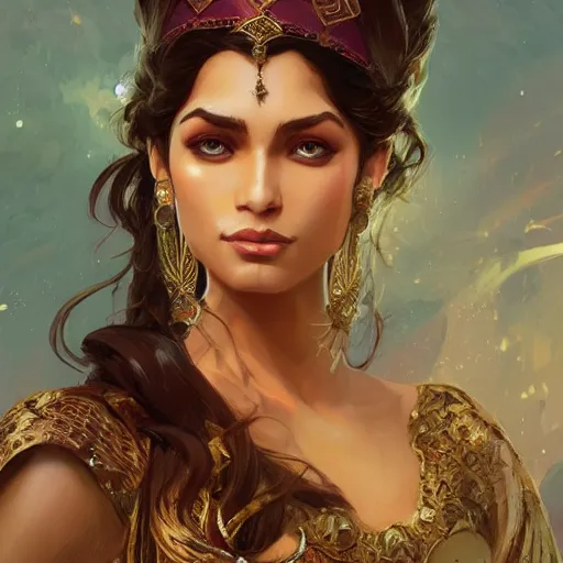 Image similar to indo-persian princess, D&D, painted fantasy character portrait, highly detailed, digital painting, artstation, concept art, sharp focus, illustration, art by artgerm and greg rutkowski and alphonse mucha