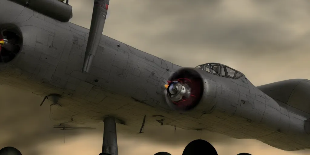 Prompt: close up cinematic shot of a world war two bomber with turret gunner, ghibli style