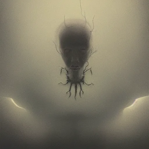 Image similar to a head replaced with a spider's abdomen, illustrated by zdzislaw beksinski, trending on artstation, 4 k, 8 k, foreboding atmosphere, eerie self - portrait, cgsociety contest winner