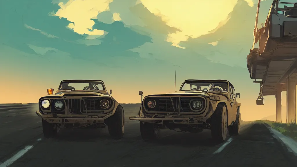 Image similar to digital illustration of mad max's fj 4 0 pursuit special, the last v 8 interceptor driving down a deserted cyberpunk highway in the middle of the day by studio ghibli, anime style year 2 0 9 3, by makoto shinkai, ilya kuvshinov, lois van baarle, rossdraws, basquiat