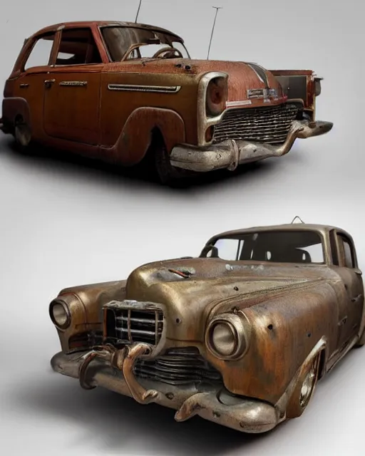 Prompt: a wooden sculpture of a vintage car from fallout 4, digital art by studio ghibli and greg rutkowski, beautiful, cute, hyperrealism artstyle, amazing lighting