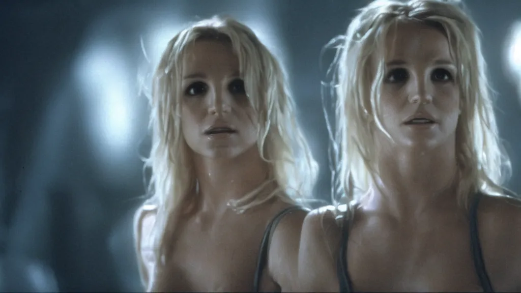 Prompt: film still of britney spears in Alien, xenomorph leaning upto her face, cinematic-shot, 4k