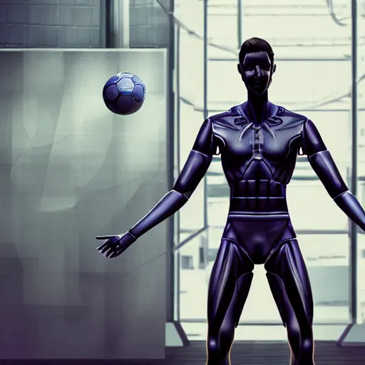 Image similar to a realistic detailed photo of a guy who is an attractive humanoid who is half robot and half humanoid, who is a male android, attractive and handsome soccer players, shiny skin, posing like a statue, blank stare, in a factory, on display, showing off his muscles, wearing soccer shorts, side view, looking at each other mindlessly