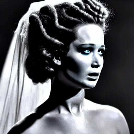 Image similar to jennifer lawrence, still from the movie bride of frankenstein