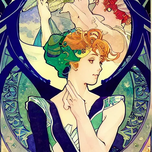 Prompt: the sailor neptune and the sailor uranus. beautiful, realistic painting by mucha and kuvshinov and bilibin. watercolor, thick lining, manga