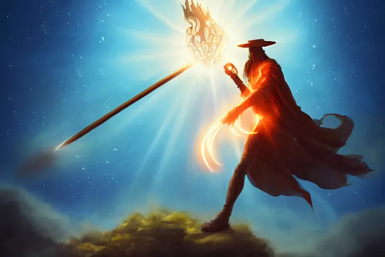 Image similar to levitating wizard wielding a sword, opening a shining portal, night sky, horizon of an erupting volcano, trending on artstation