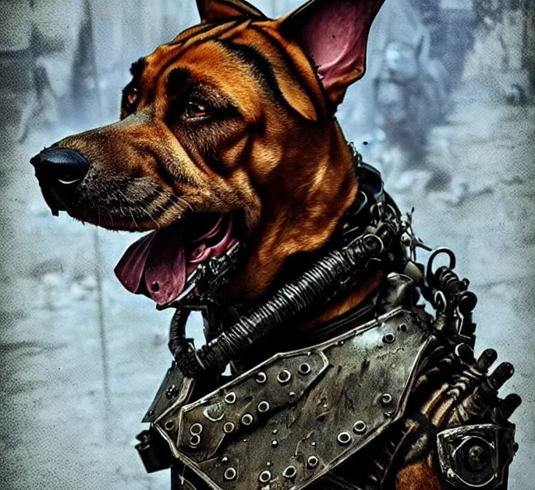 Image similar to a good ol'bloodhound dog fursona ( from the furry fandom ), heavily armed and armored facing down armageddon in a dark and gritty version from the makers of mad max : fury road. witness me.