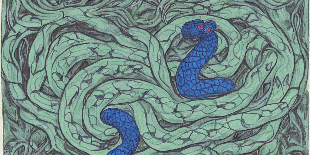 Image similar to queen of snakes, pale blue, emerald, sapphire, wearing a crown of vines, moonlit