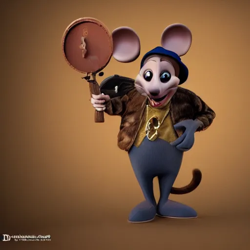 Image similar to 3d anthropomorphic rat, disney pixar, holding tommy gun, velvet, fur coat, high quality, golden necklace, fendi, high fashion