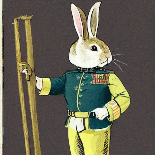 Image similar to an illustration from a book showing a rabbit wearing an Imperial Russian Officer's uniform