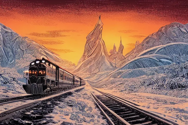 Image similar to trans - siberian express train ultrafine drawing by joe fenton and syd mead and p. craig russell and barry windsor - smith, artstation, 4 k, graphic novel, concept art, matte painting, beautiful russian winter landscape sunset background, golden hour, art nouveau, sharp