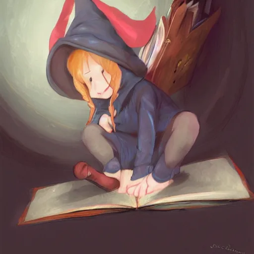 Image similar to little witch opening a book, artwork by cushart, krenz