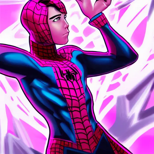 Prompt: splash art of a cool beautiful pink spiderman in a stylish pose in the style of the league of legends splash art, digital art by Michelle Hoefener