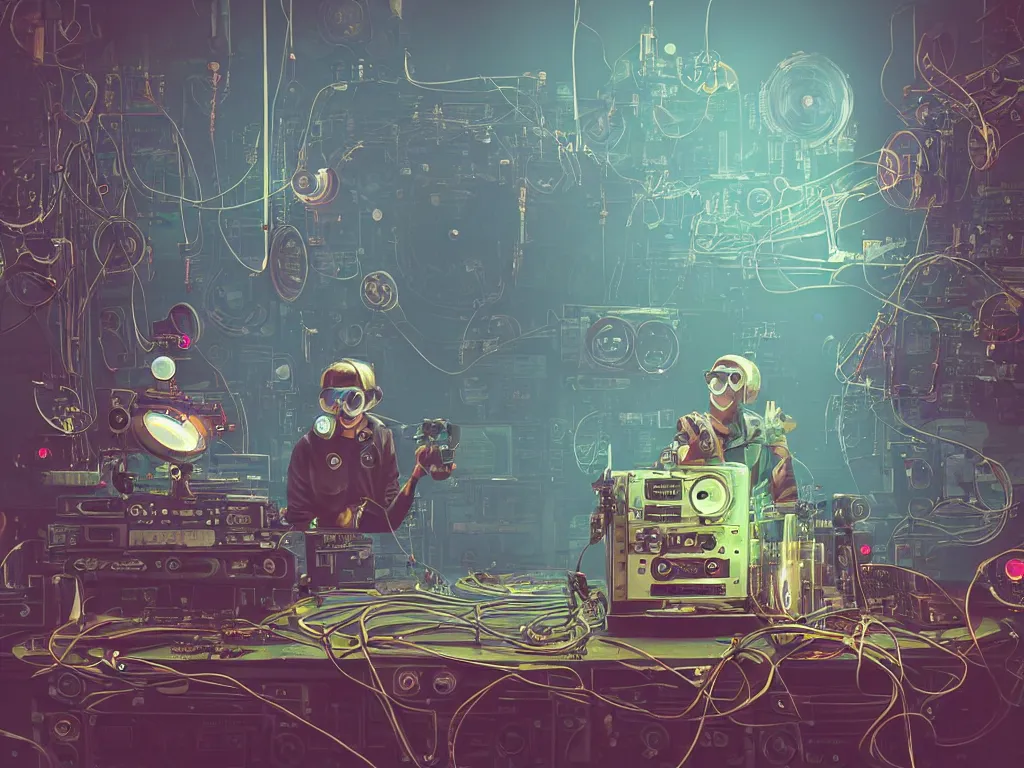 Image similar to a person wearing goggles and visor and headphones using a steampunk record player contraption, wires and tubes, turntablism dj scratching, intricate planetary gears, cinematic, imax, sharp focus, leds, bokeh, iridescent, black light, fog machine, hazy, lasers, art by simon stalenhag and beeple